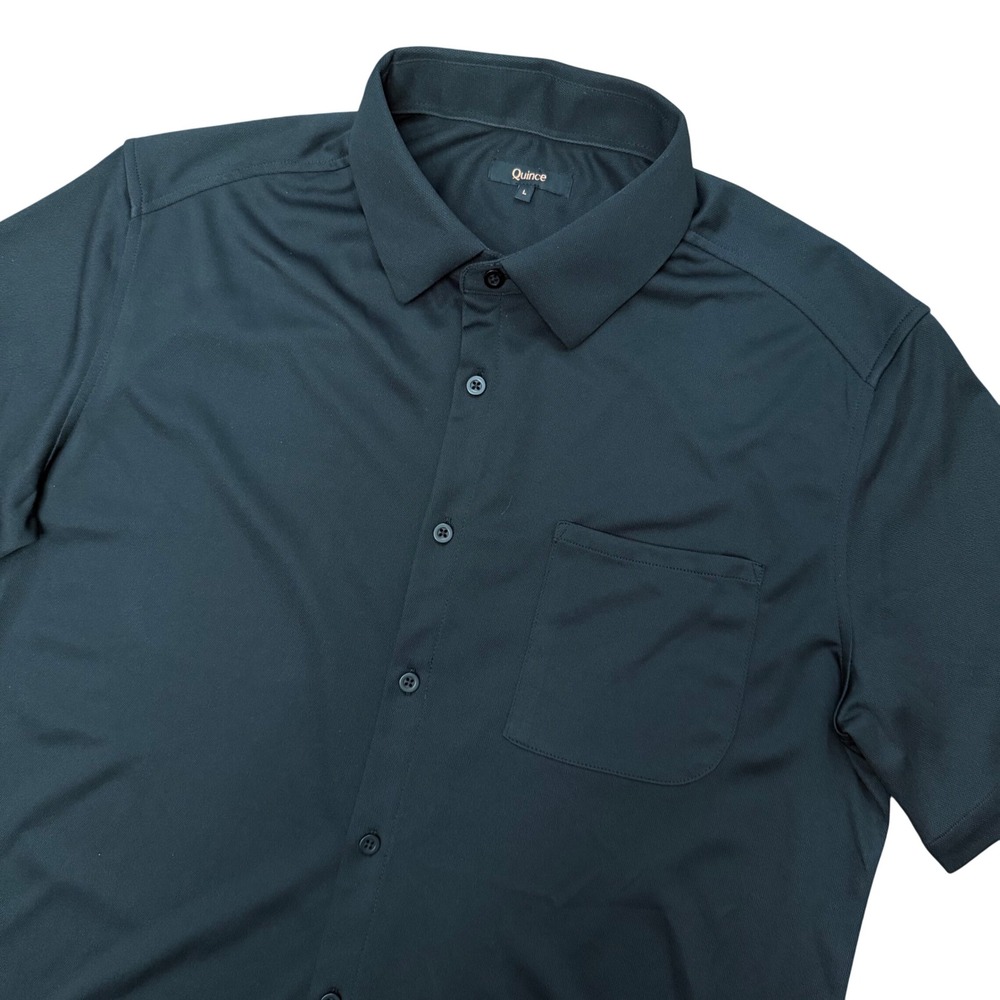 Quince Commuter Pique Shirt Mens Large Black Stretch Short Sleeve Button Down L